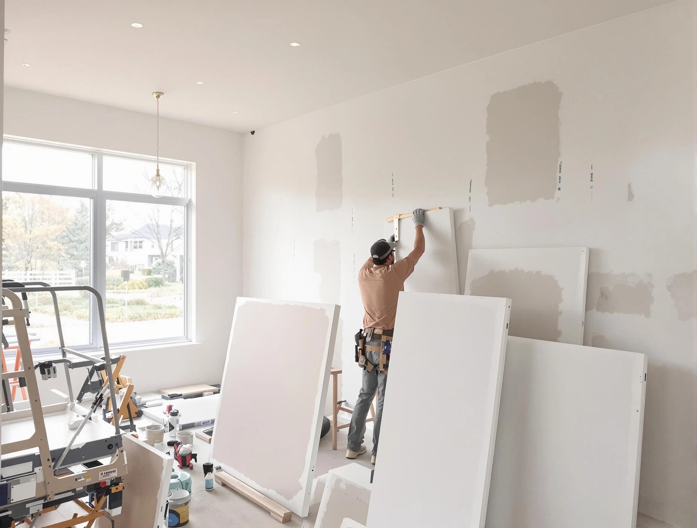 Wickliffe House Painters precisely hanging drywall sheets in Wickliffe, OH