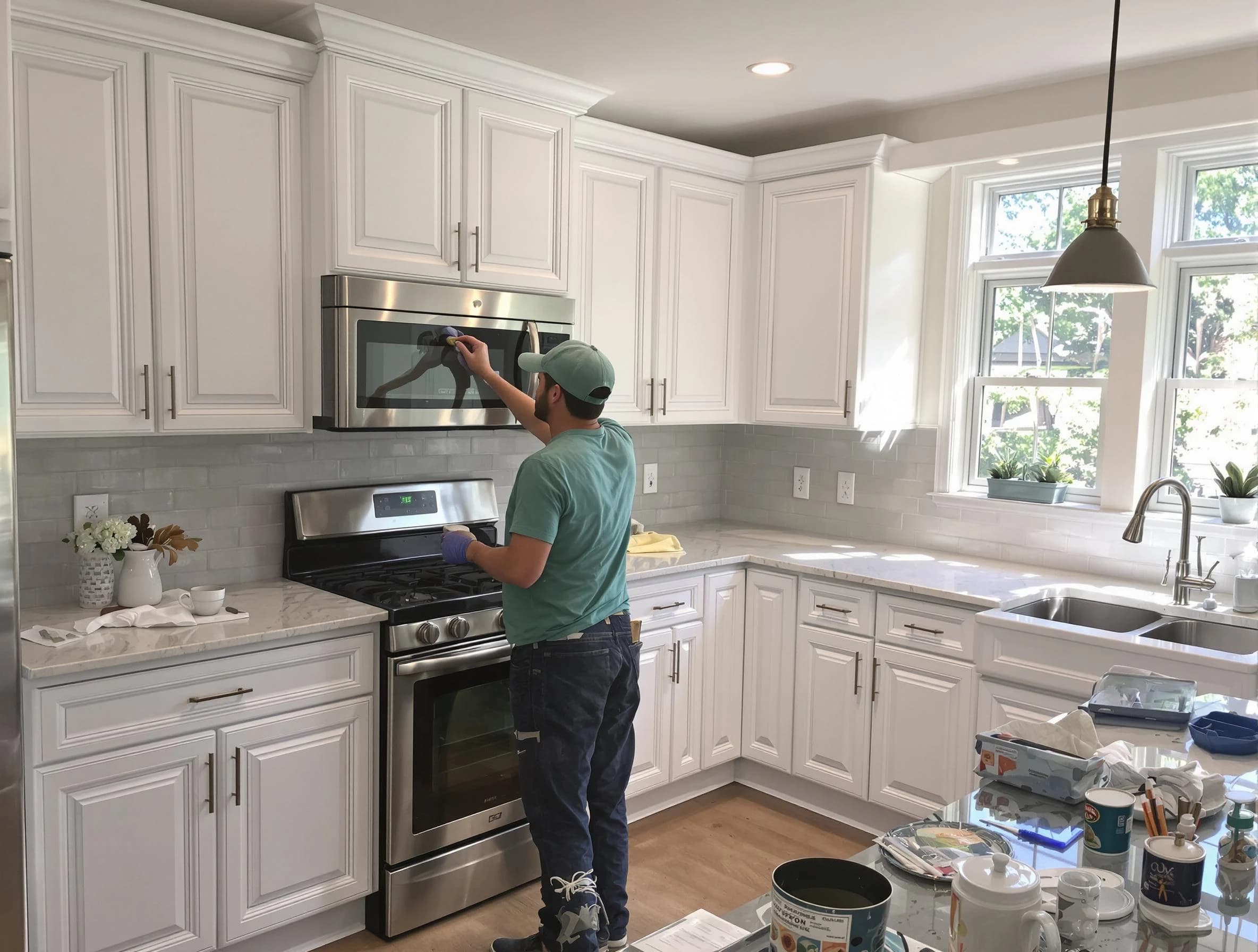 Kitchen cabinets being refinished by Wickliffe House Painters in Wickliffe, OH