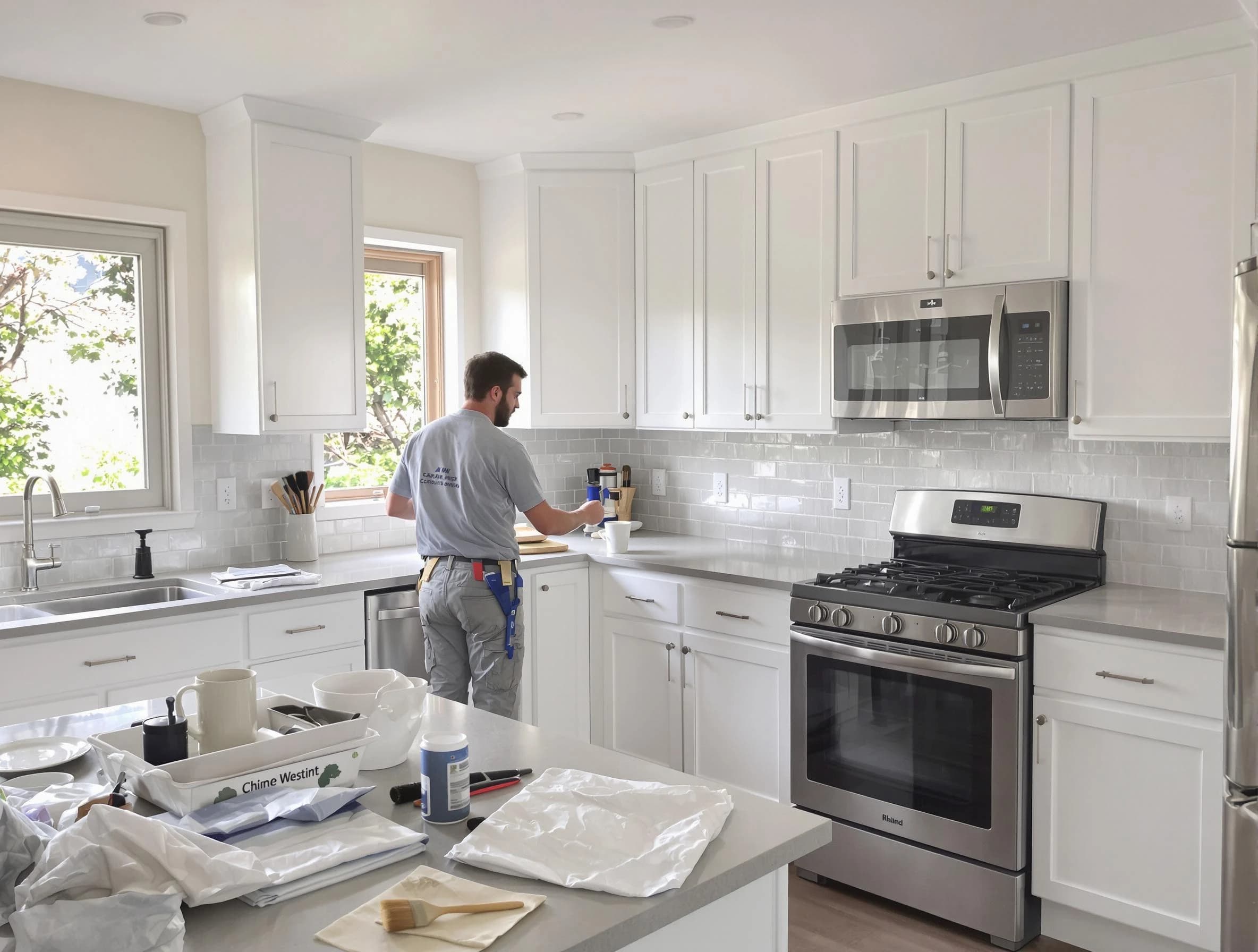 Wickliffe House Painters applying fresh paint on kitchen cabinets in Wickliffe