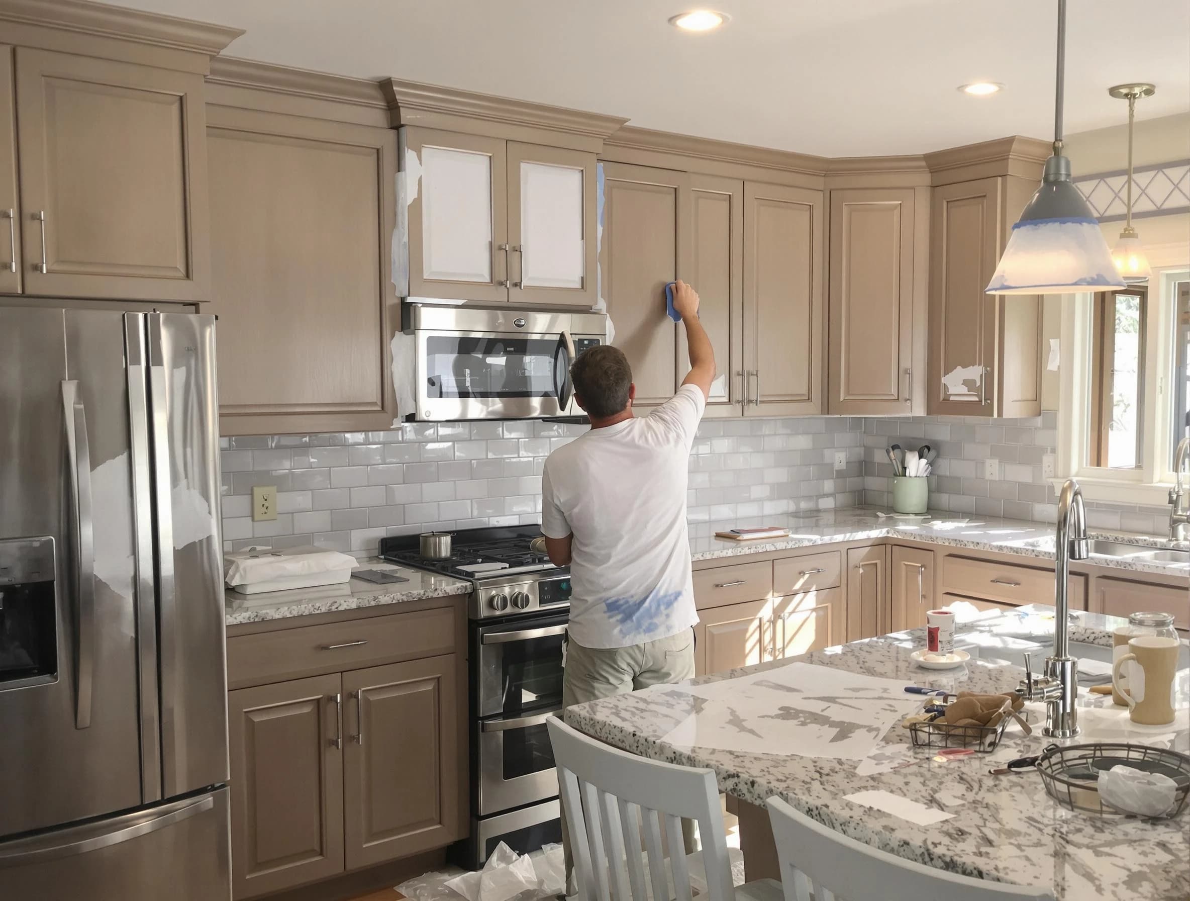 Before-and-after view of kitchen painting by Wickliffe House Painters in Wickliffe