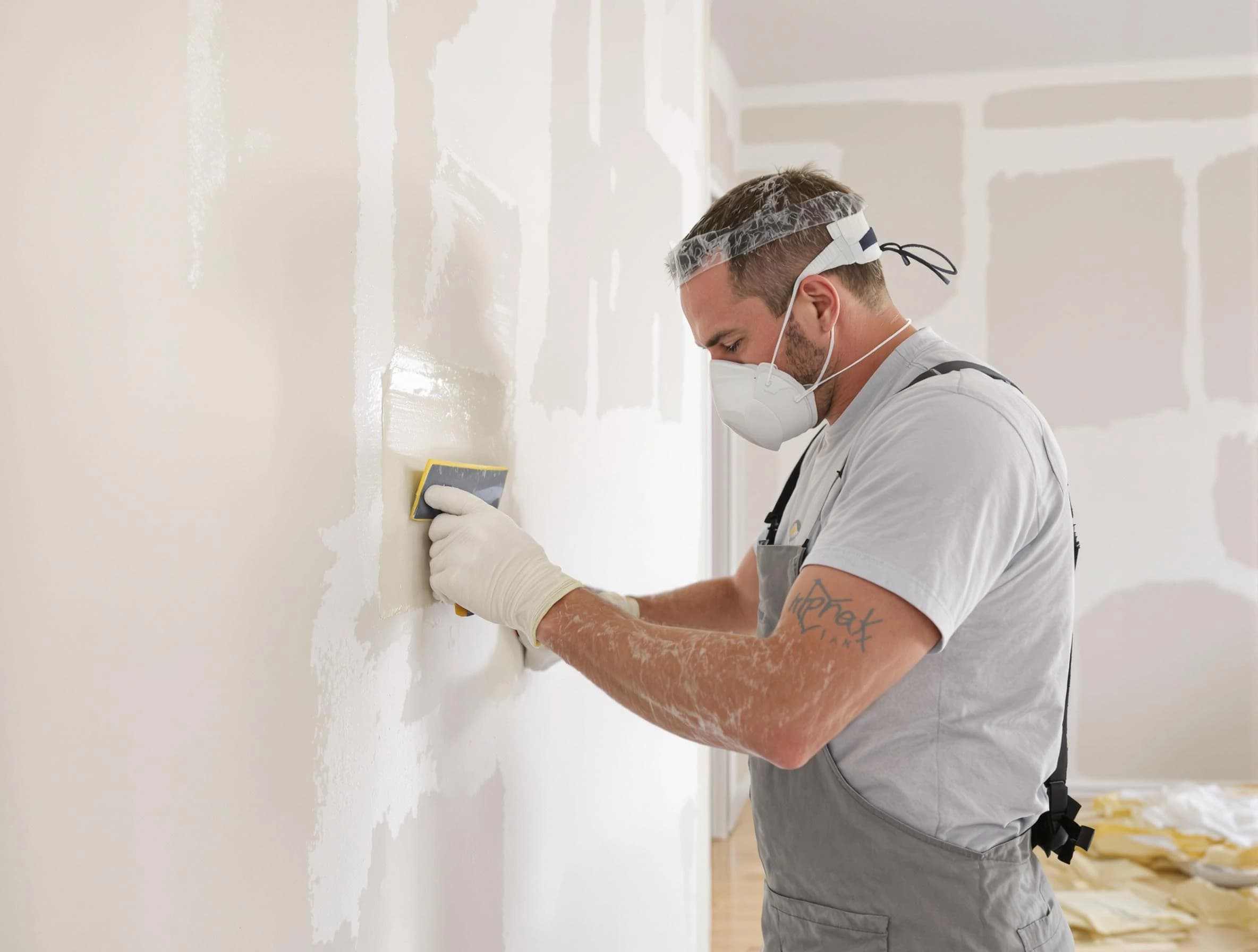 Wickliffe House Painters technician applying mud to drywall seams in Wickliffe, OH